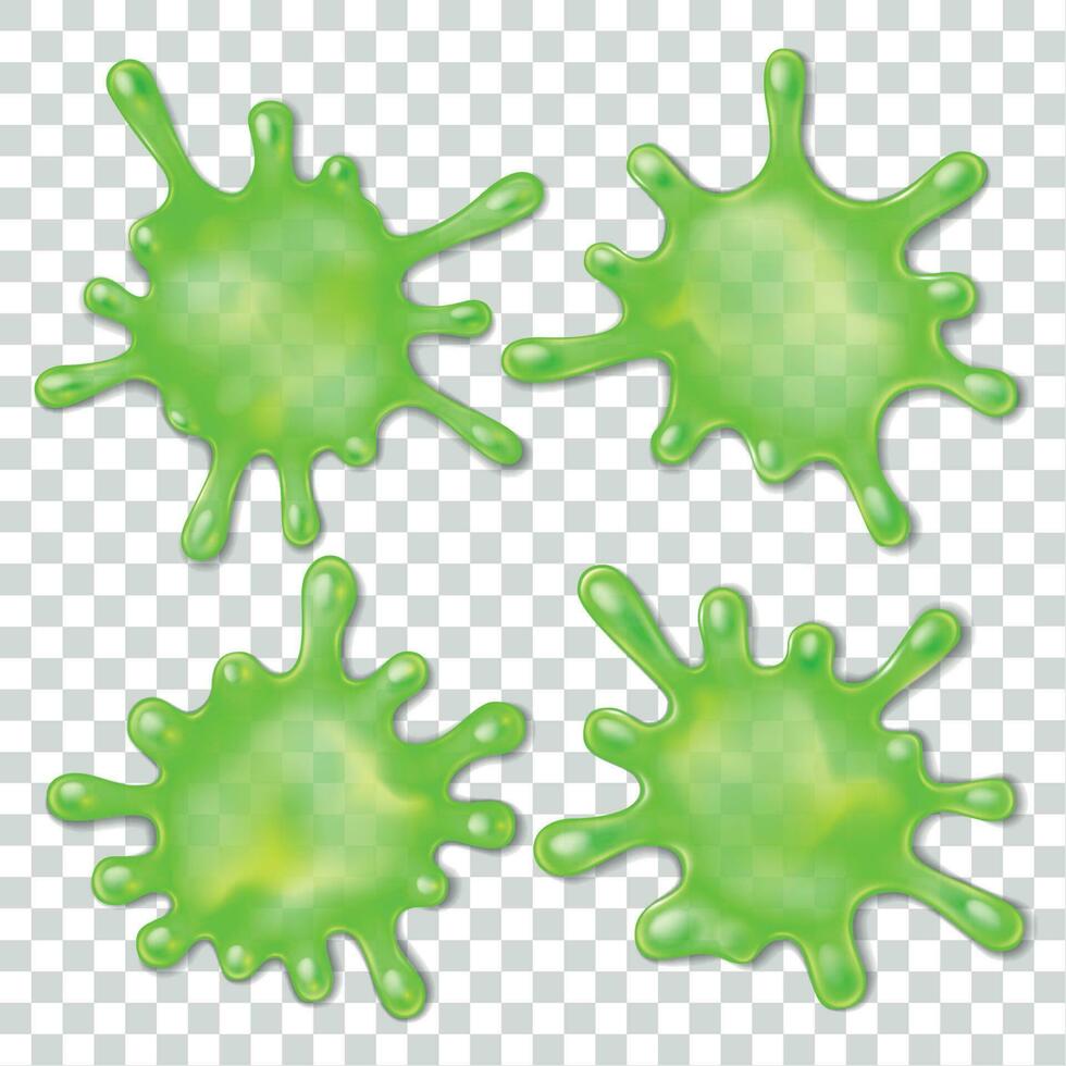 Green slime spot. 3d Splatter snail slug, mucus splash spots with dripping drops vector illustration set