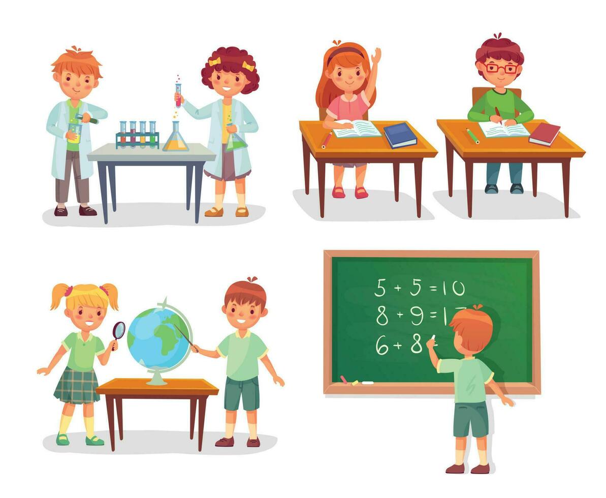 Kids on school lesson. Primary schools pupils on chemistry lessons, learn geography globe or sit at desk vector cartoon illustration