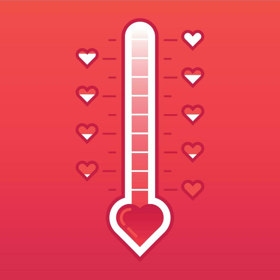 Love thermometer. Hot or frozen heart temperature counter valentines card. Love level meter vector concept illustration