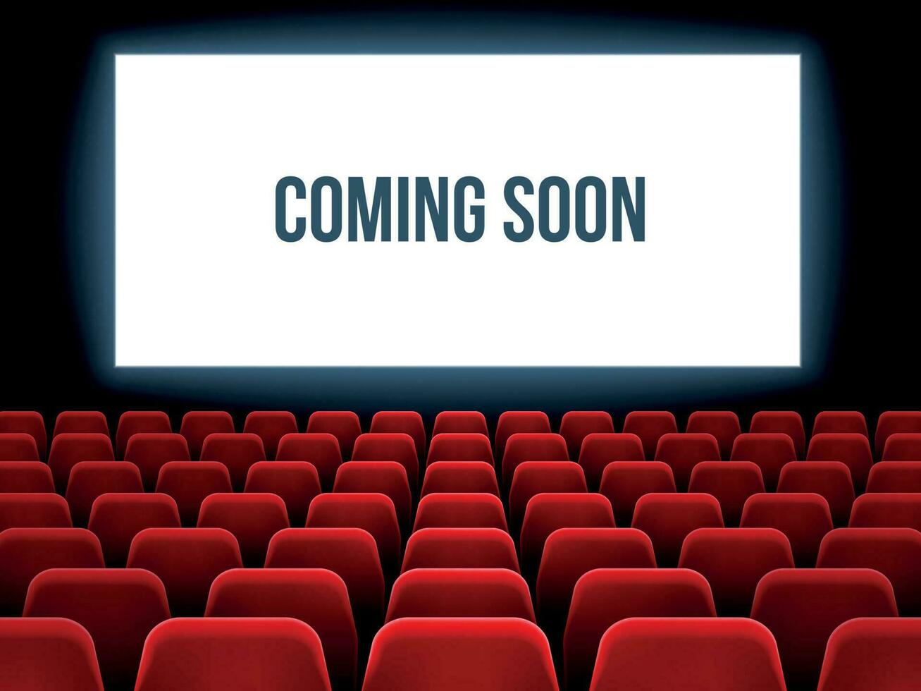 Cinema hall. Movie interior with coming soon text on white screen and empty red seats. Movie theater vector background