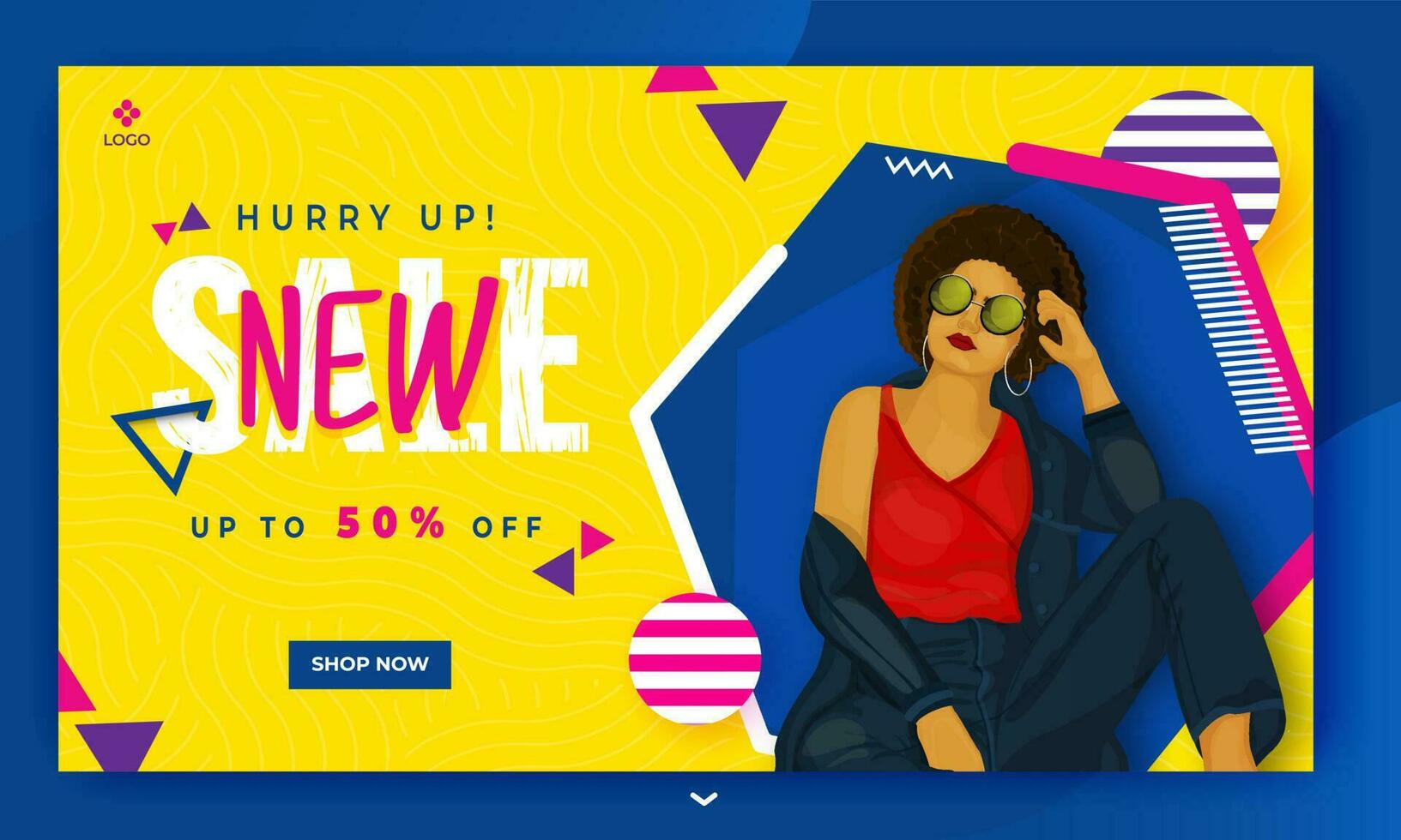 New Sale banner design with discount offer and fashionable woman character on abstract background. vector