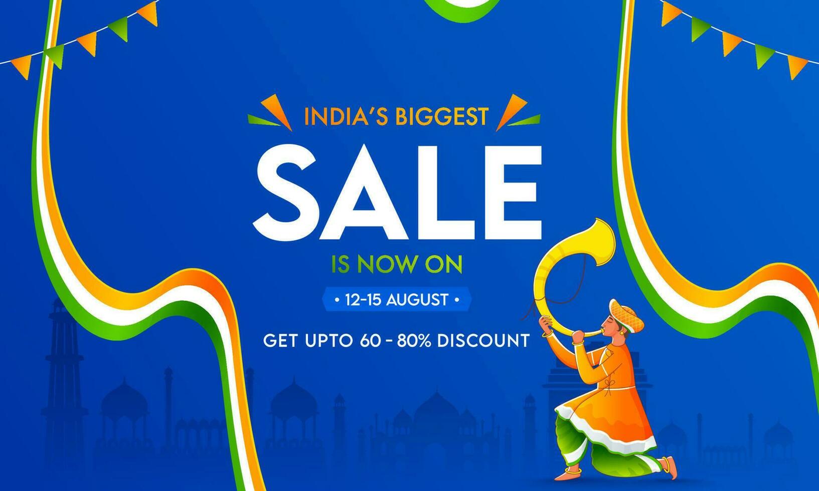 India's Biggest Sale Banner Design with Discount Offer, Tutari Player and Indian Wavy Ribbon on Blue Famous Monuments Background. vector