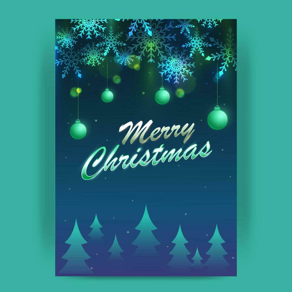 Merry Christmas Font With Hanging Baubles, Snowflakes And Xmas Trees Decorated Blue Background. vector