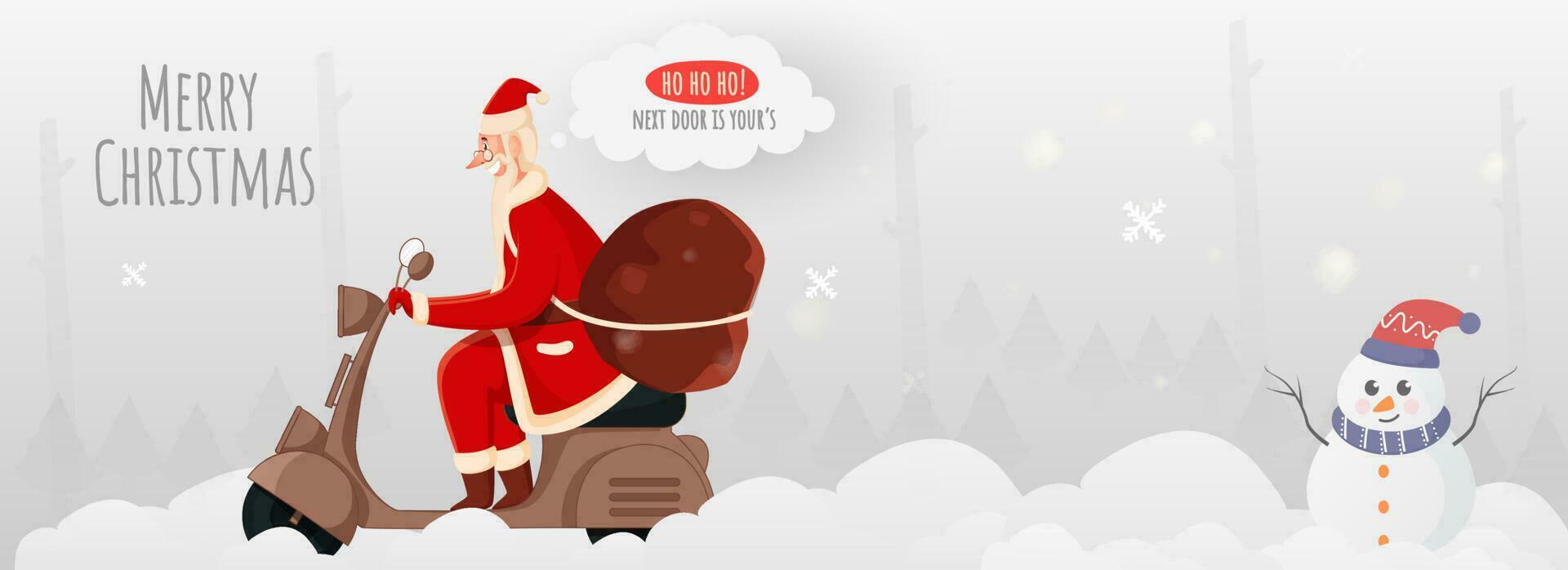 ilustración de alegre Papa Noel claus montando scooter con un pesado bolso y dibujos animados monigote de nieve en blanco paisaje antecedentes para alegre Navidad. vector