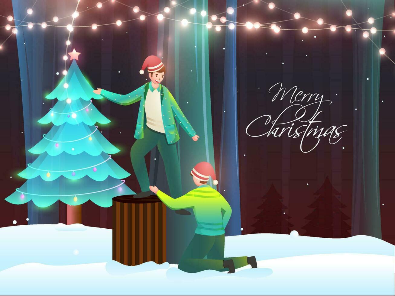 Merry Christmas Concept With Young Boys Character, Xmas Tree And Lighting Garland On Snow Forest Background. vector