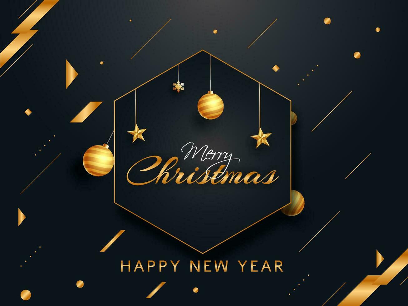 Calligraphy of Merry Christmas with hanging golden baubles, stars and abstract elements decorated on black background for New Year celebration. vector