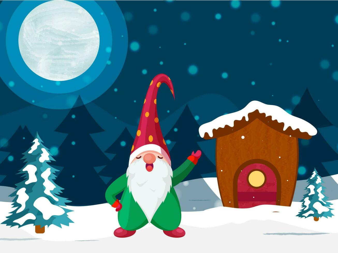 Full Moon Winter Landscape Background with Snowy House and Cartoon Gnome Character. vector