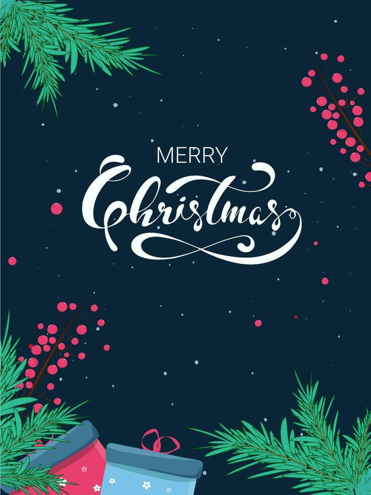 Flat style greeting card design decorated with pine leaves, berry branches and gift boxes on blue background for Merry Christmas celebration. vector