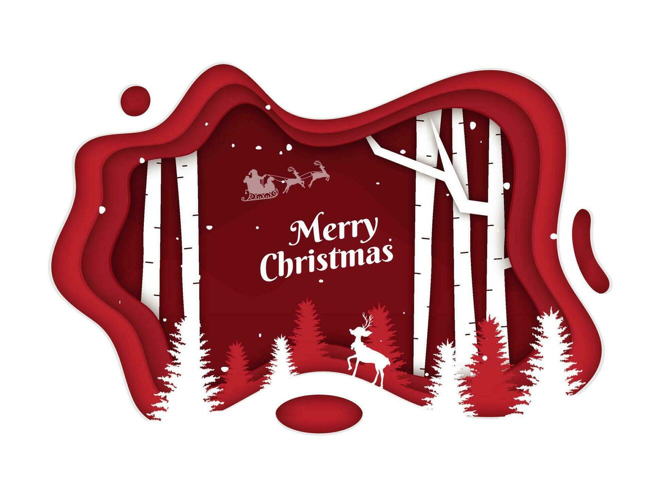 Red and White Paper Layer Cut Background with Silhouette Reindeer, Trees for Merry Christmas Celebration. vector