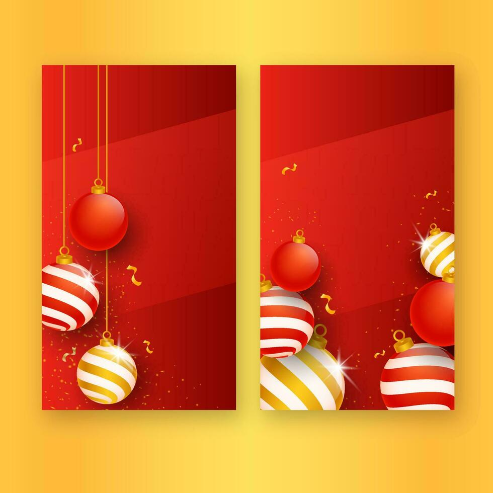 3D Christmas Balls With Golden Confetti Decorated Red Background In Two Options. vector