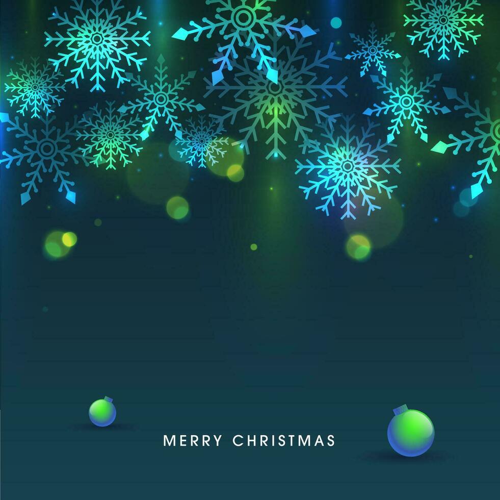 Teal Blue Background Decorated with Snowflakes, Bokeh Effect and Baubles for Merry Christmas. vector