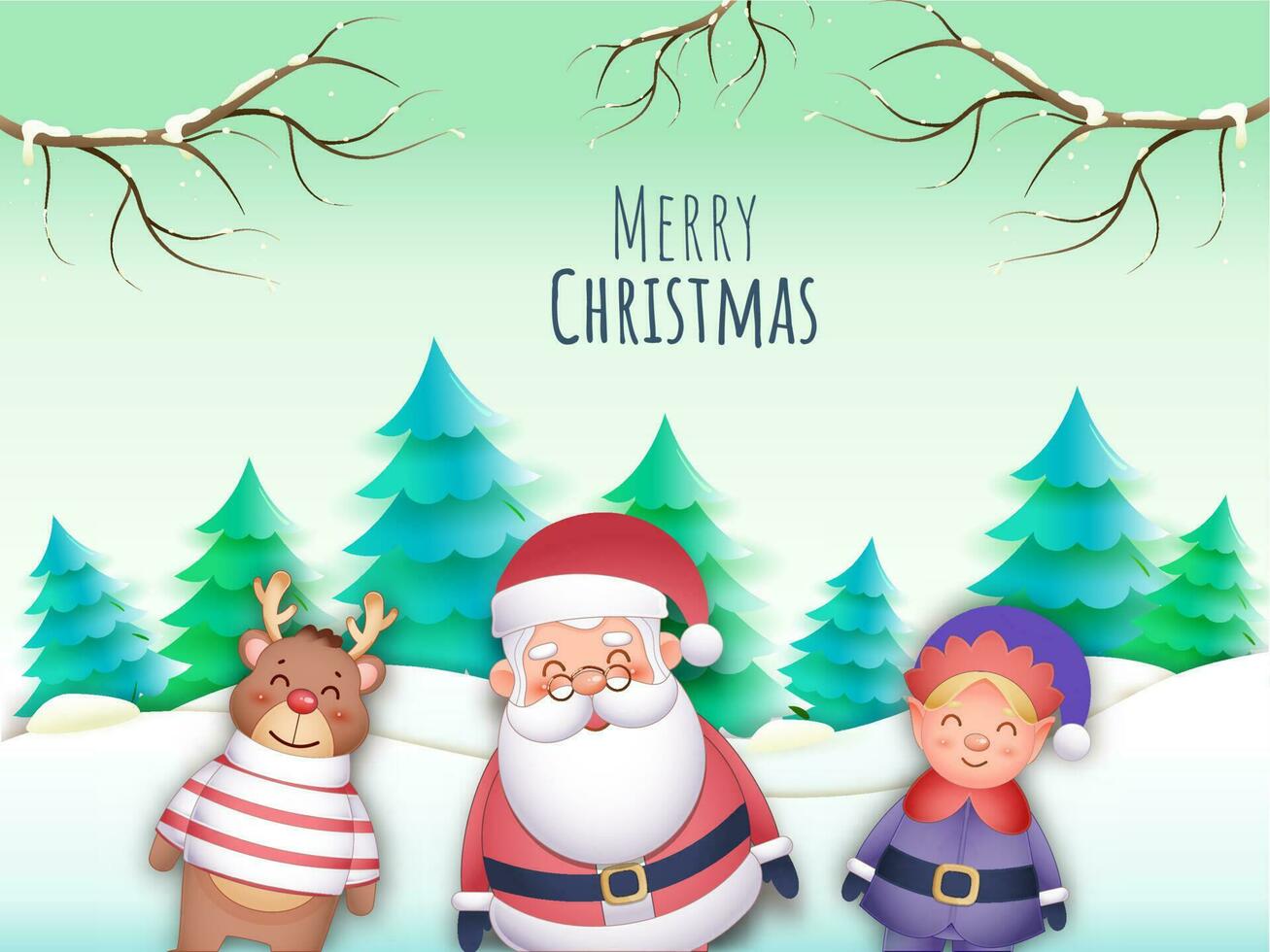 Cartoon Character of Santa Claus with Elf, Reindeer and Paper Cut Xmas Trees on Snowfall Background for Merry Christmas Celebration. vector