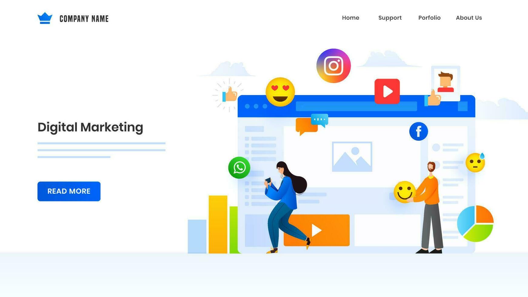 Digital Marketing concept based landing page design with man and woman using online social media elements. vector