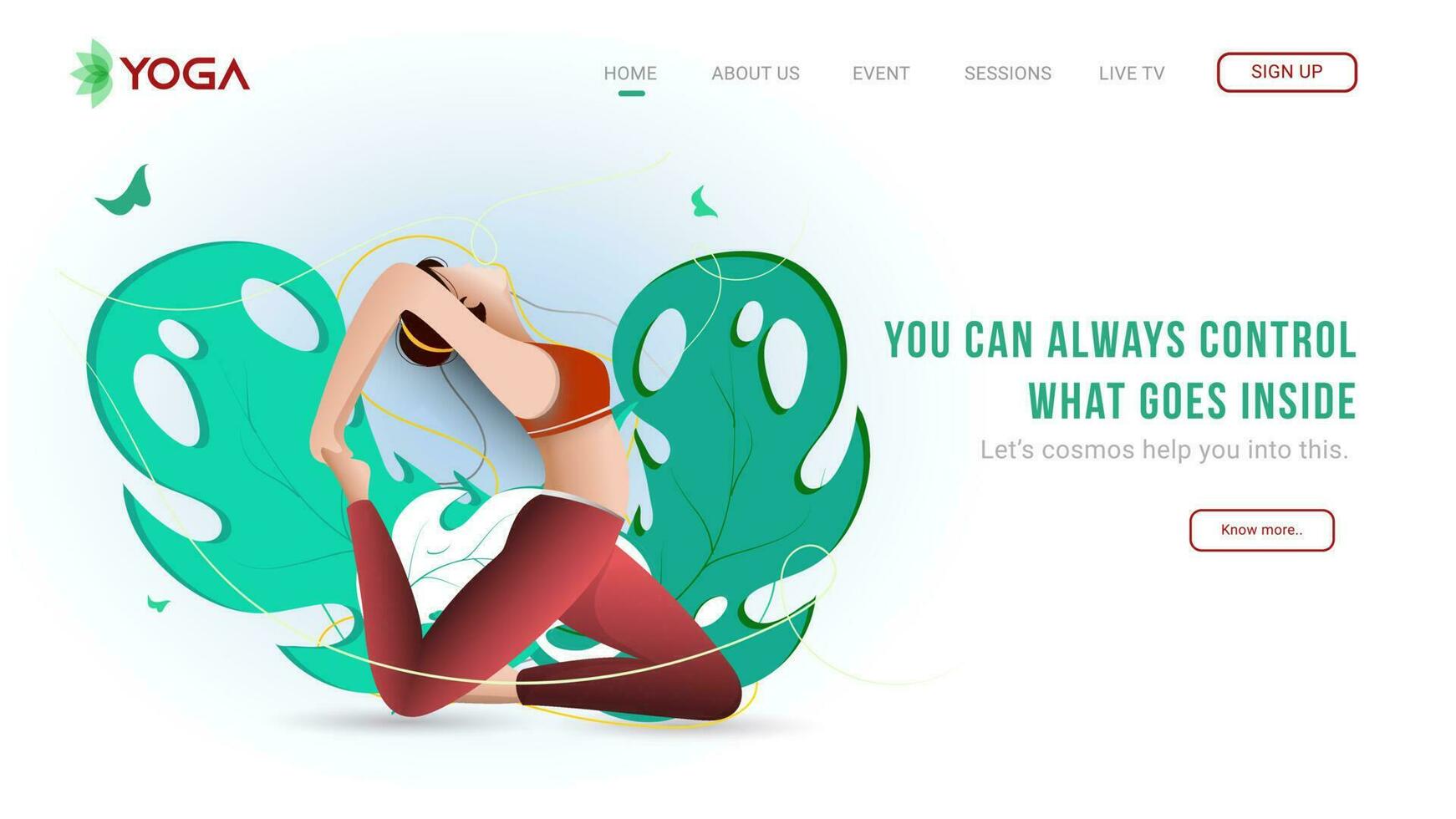 Landing page or web banner design with young woman practice yoga pirai asana pose on nature view. vector