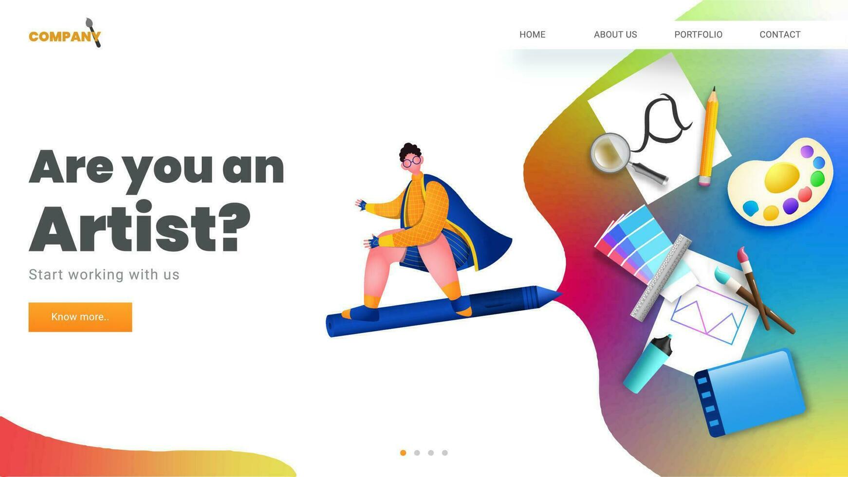 Landing Page or Web Template Design with Flying Man from Pen and Realistic Graphic Designing Tool on Abstract Background. vector