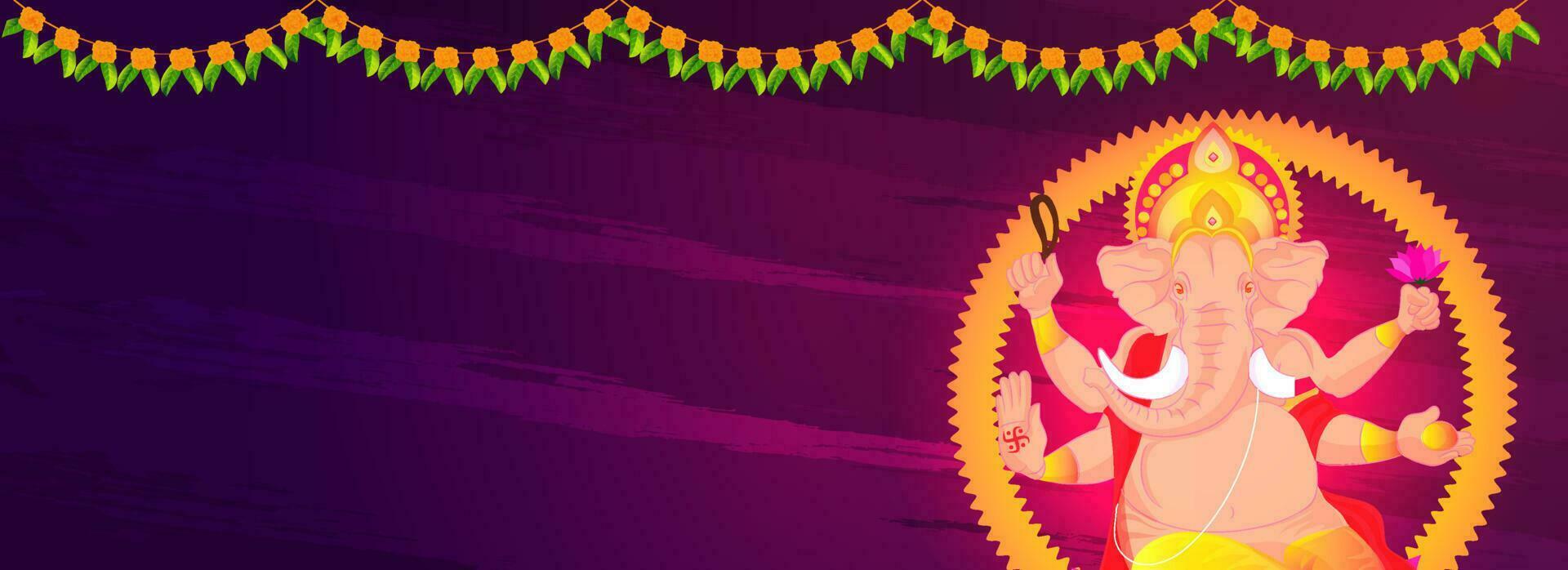 Website header banner design with Lord Ganesha statue on abstract purple background for Ganesh Chaturthi festival celebration. vector