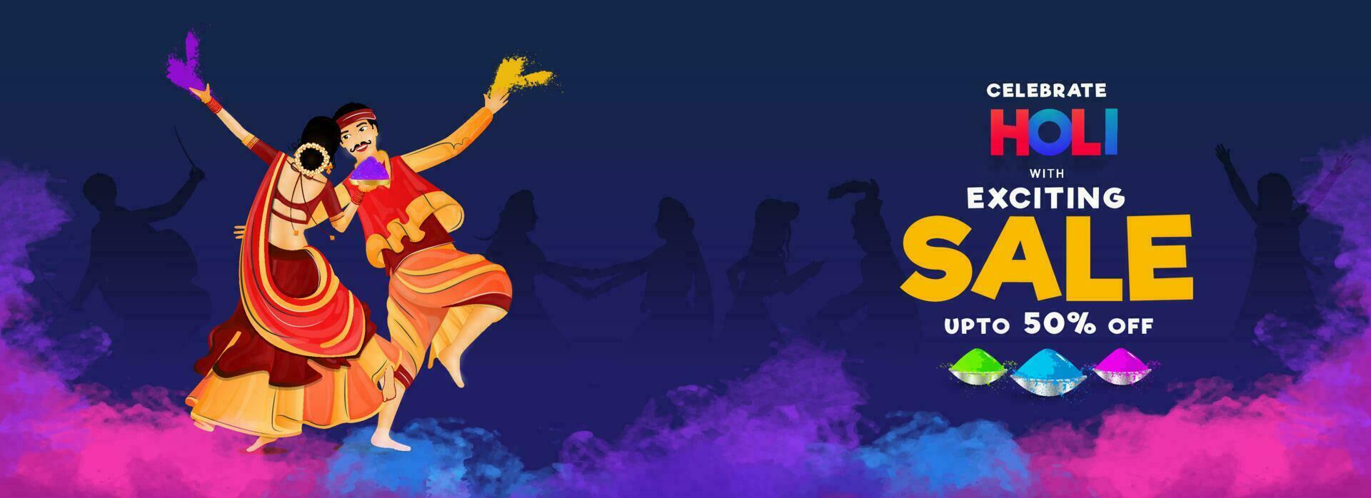 Dancing couple character on the occasion of holi celebration. Sale header or banner design for advertising concept. vector