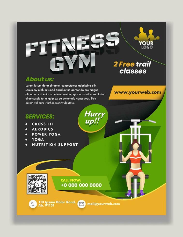 Advertising template or flyer design with venue details and illustration of woman exercising from lat machine for Fitness GYM. vector