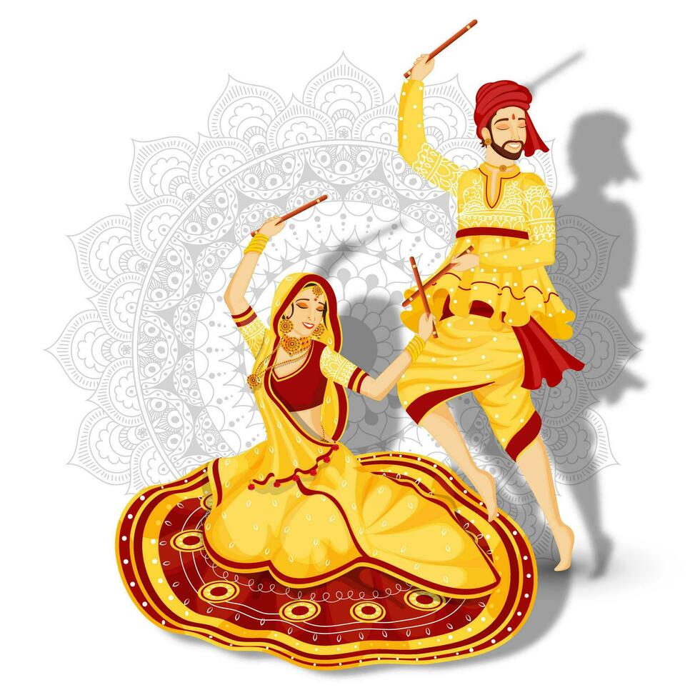 ilustración de Pareja en dandiya danza actitud en blanco mandala floral antecedentes. vector