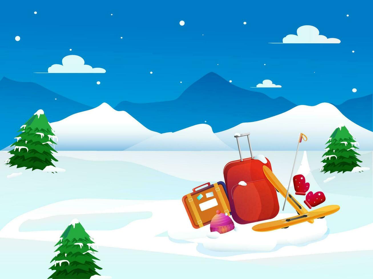 Winter landscape background with luggage bags, gloves, hat and skateboard. vector