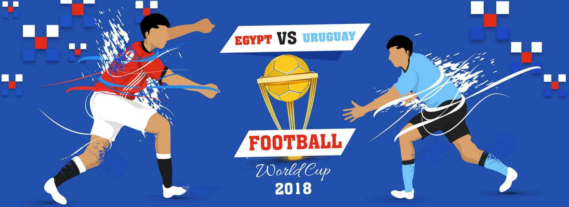 Football World Cup header or banner design with football players, winning golden trophy on abstract blue background. vector