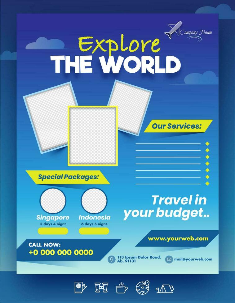 Explore The World template or brochure design with blank photo frames, special packages of Singapore and Indonesia on blue background with venue details. vector