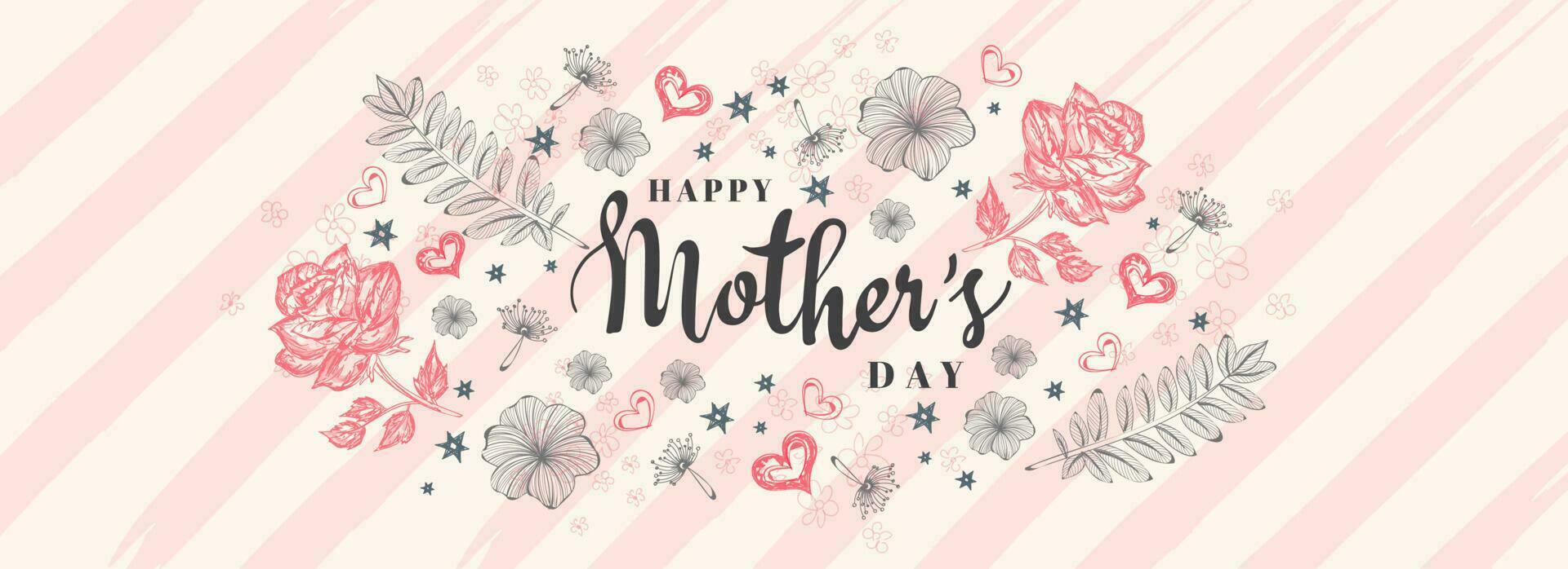 Beautiful rose flowers and leaves decorated on stripe background with stylish lettering of Mother's Day. Header or banner design. vector