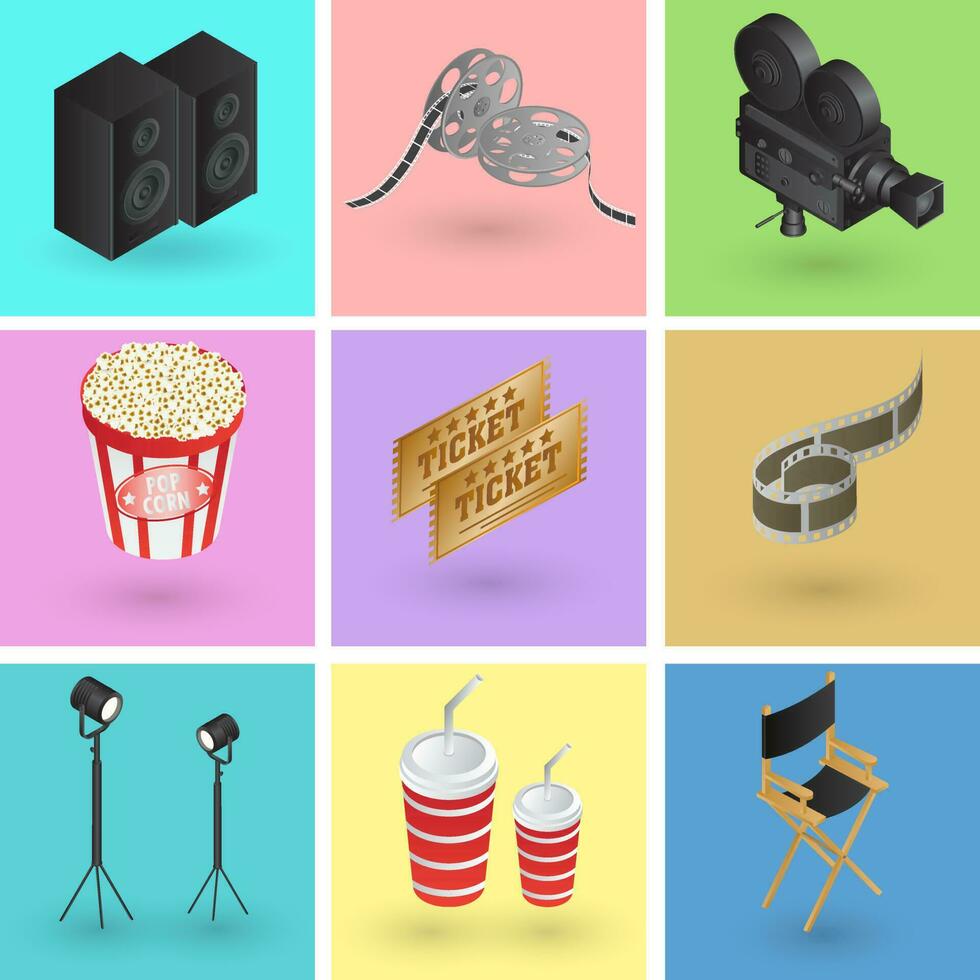 colección de vistoso cine o película objetos en 3d estilo. vector