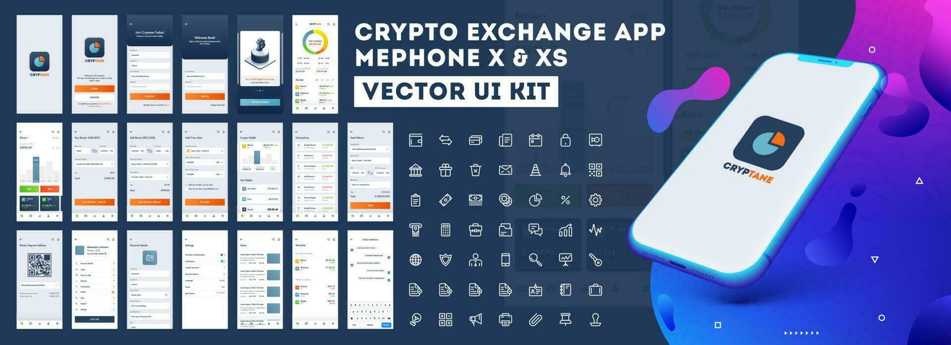 Crypto App UI Kit for responsive mobile app or website with different GUI layout including Login, Create Account, Profile, Transaction and trending screens. vector