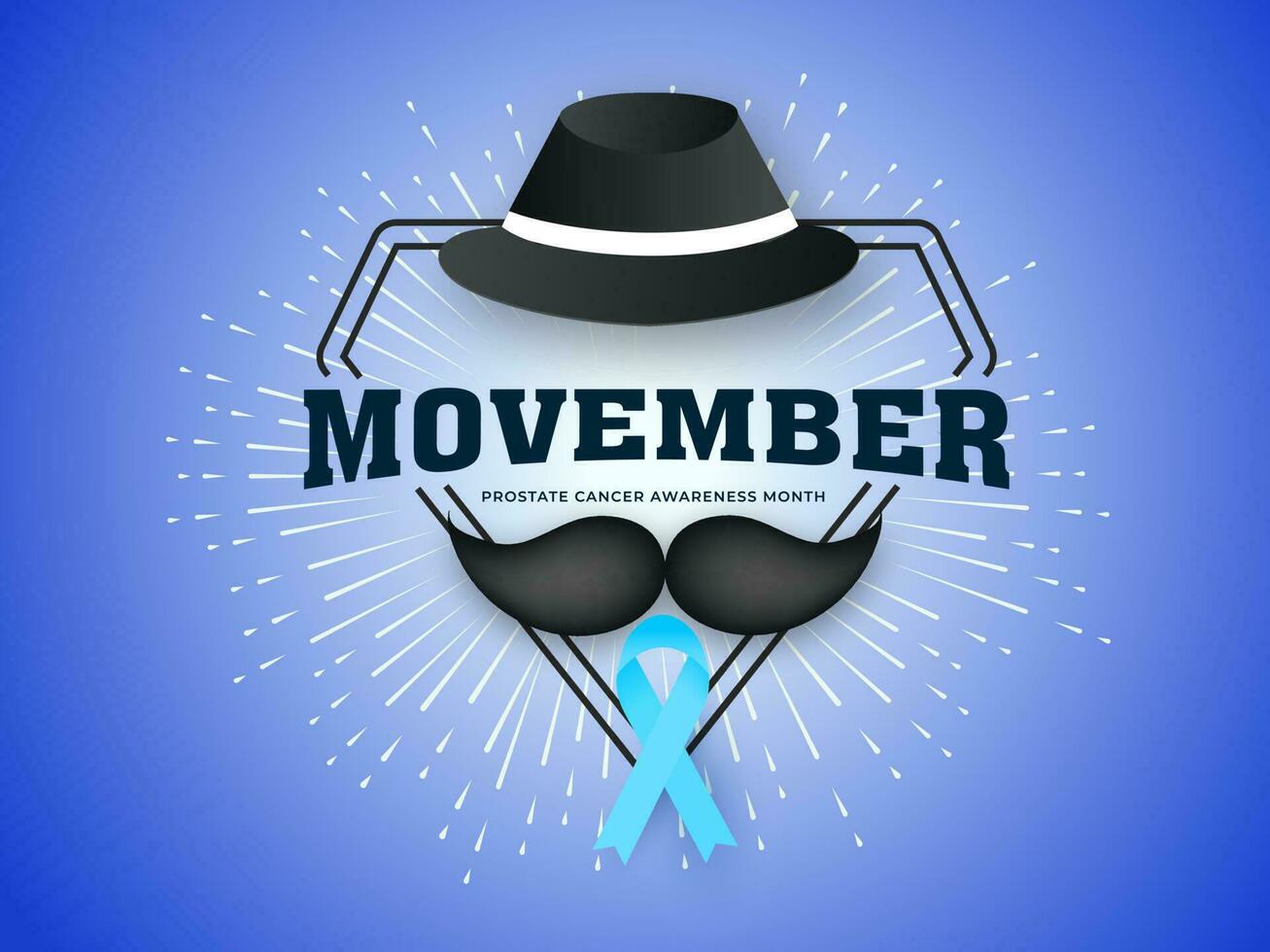 Movember banner or poster design with fedora hat, mustache and Aids ribbon illustration on blue rays background for Prostate Cancer Awareness Month concept. vector