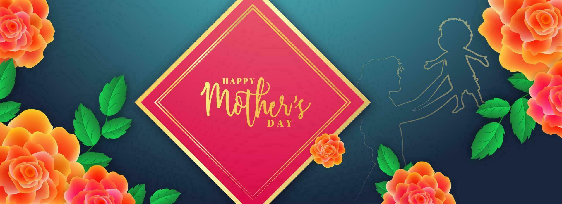 Happy Mother Day header or banner design with beautiful rose flowers decorated on blue background. vector