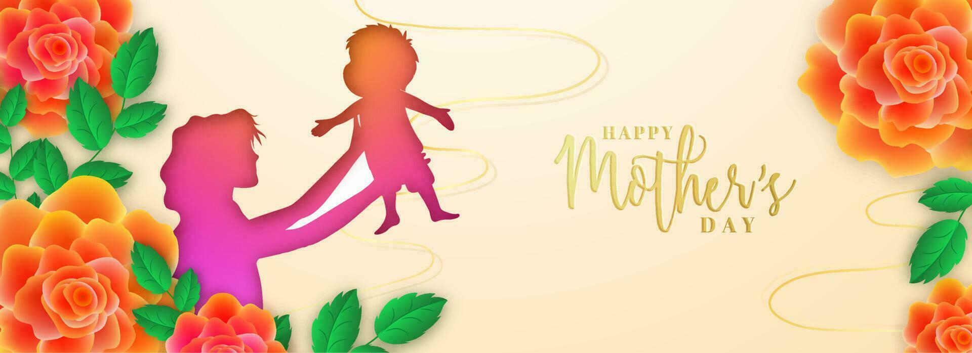 Beautiful rose flowers decorated header or banner design with paper cut characters of mother loving her child for Happy Mother's Day celebration. vector