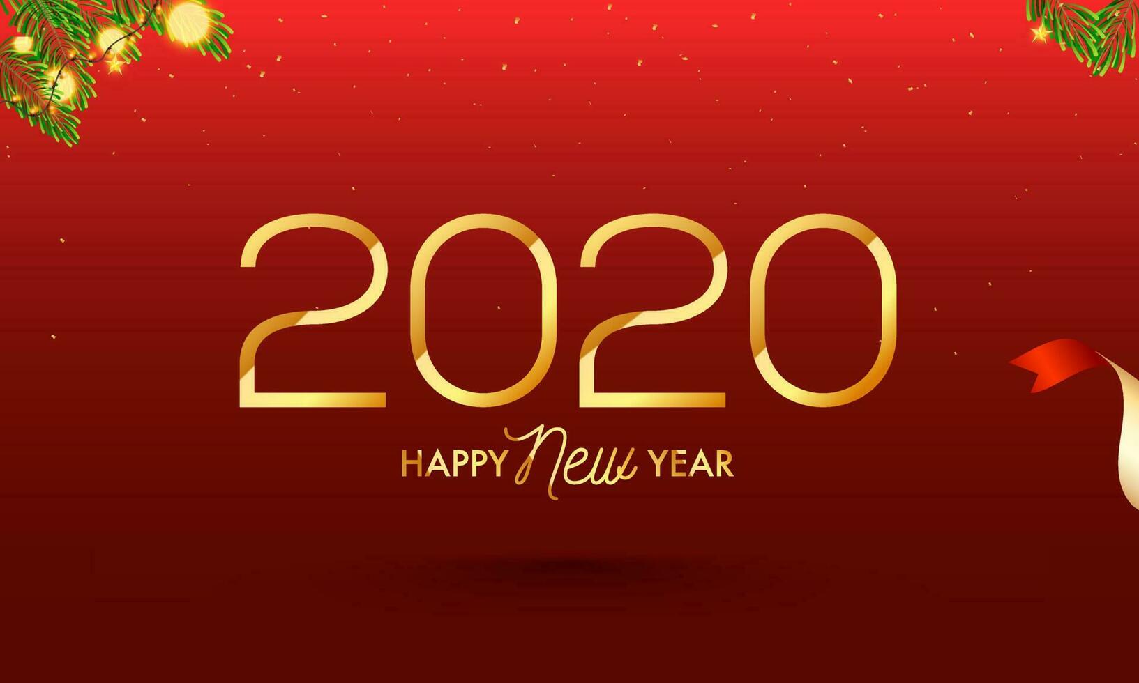 Golden 2020 Happy New Year Text on Red Background Decorated with Pine leaves and Lighting Garland. vector