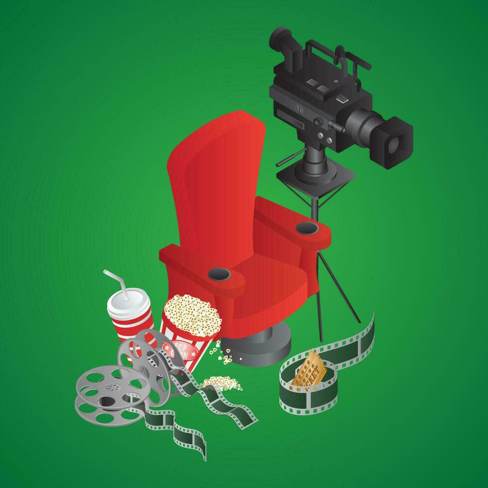 3D director chair with video camera, film reel, soft drink and popcorn on green background. vector