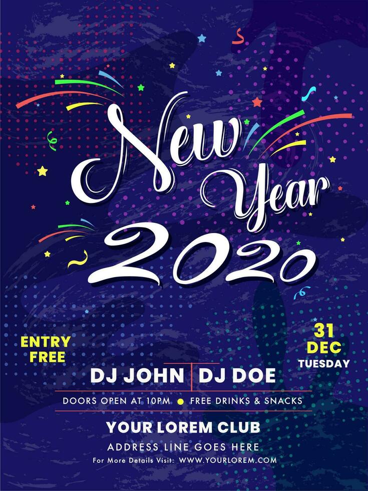 2020 New Year celebration invitation card or template design with event details on purple halftone effect background. vector