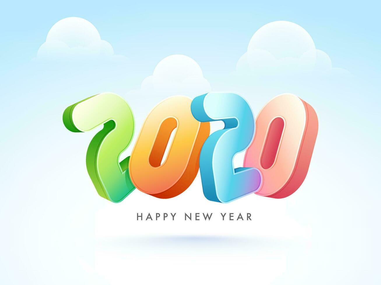 Colorful 3d text 2020 on blue and white cloud background for Happy New