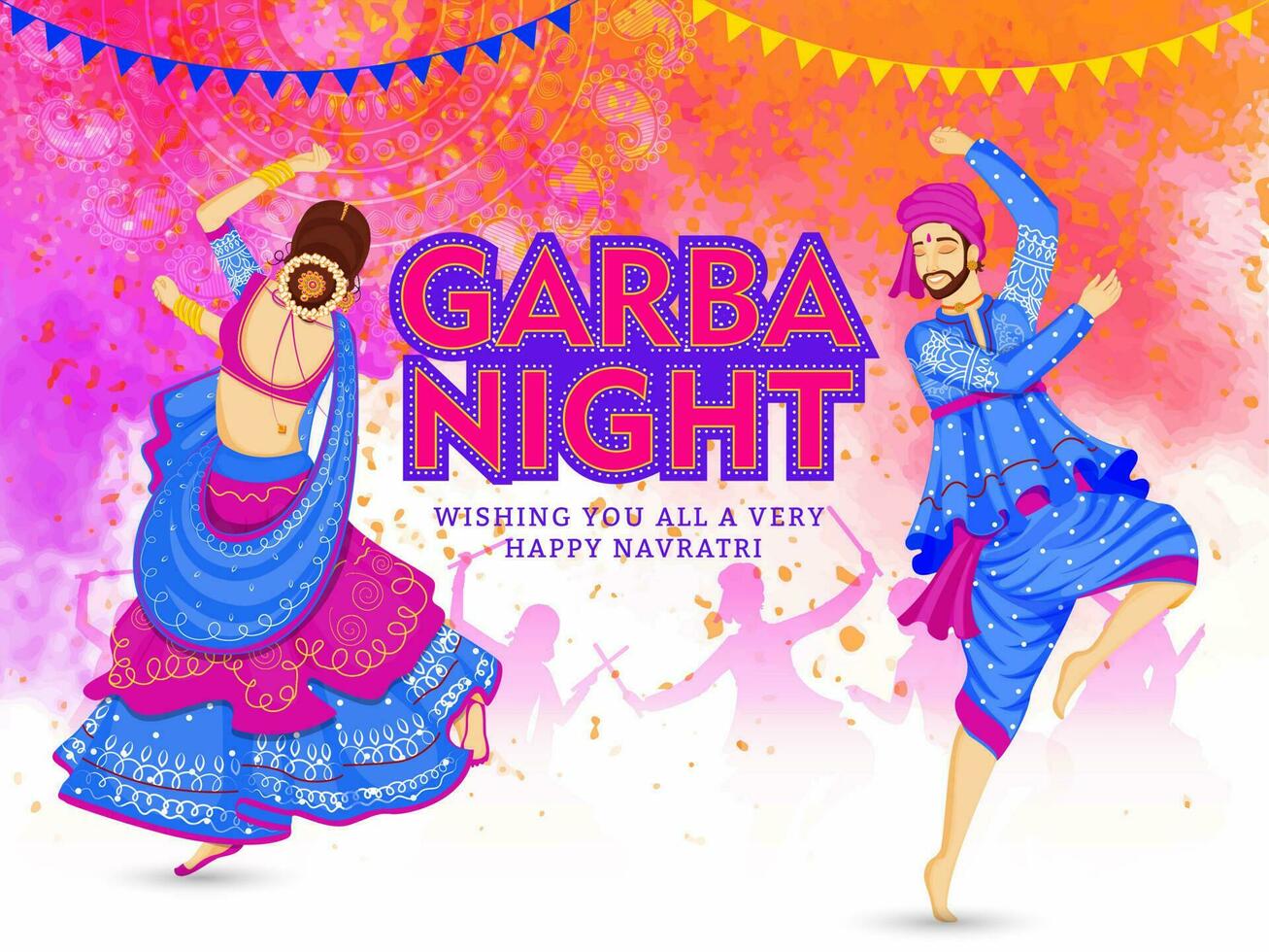 Garba Night party celebration poster or banner design, illustration of couple dancing on color splash background and text message Wishing You All A Very Happy Navratri. vector
