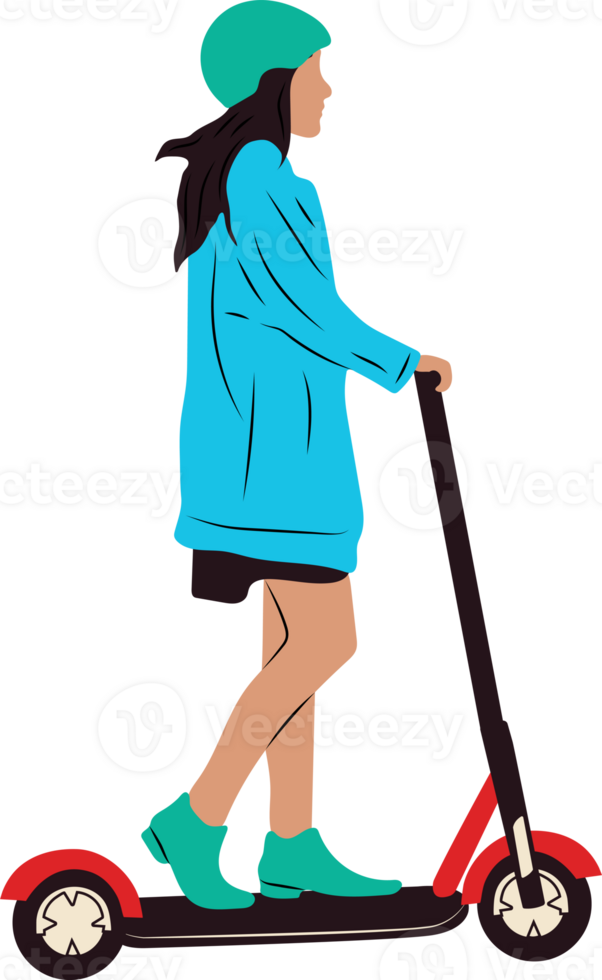 Young female character with backpack ride modern urban transport electric kick scooter. Active hipster adult millennial uses lifestyle ecology technologies. png