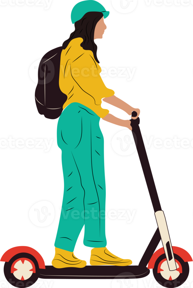 ung kvinna karaktär med ryggsäck rida modern urban transport elektrisk sparka skoter. aktiva hipster vuxen tusenåriga användningar livsstil ekologi teknik. png