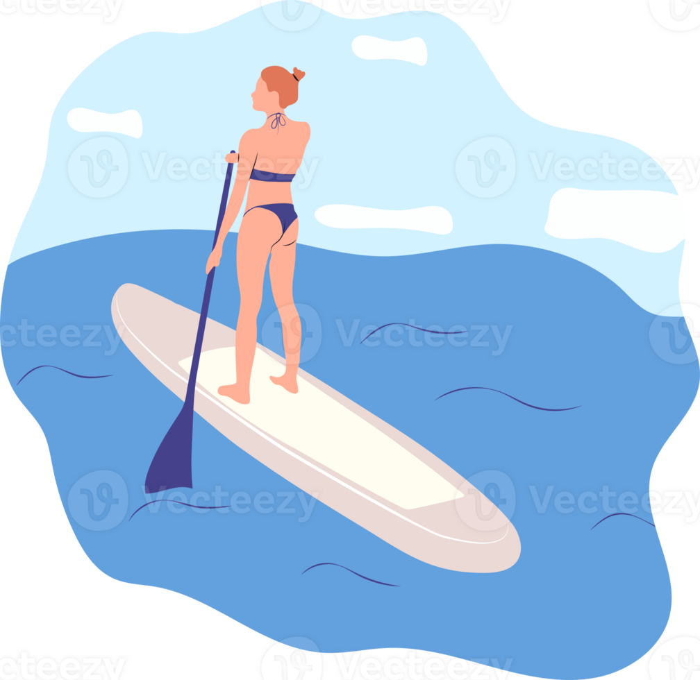 Water sports. Young woman standing on sup board isolated. Surfers and others during windsurfing, kiteboarding. png