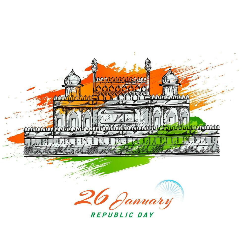 Sketching of Indian Monument Red Fort with green and saffron brush stroke effect on white background for 26 January, Republic Day. vector