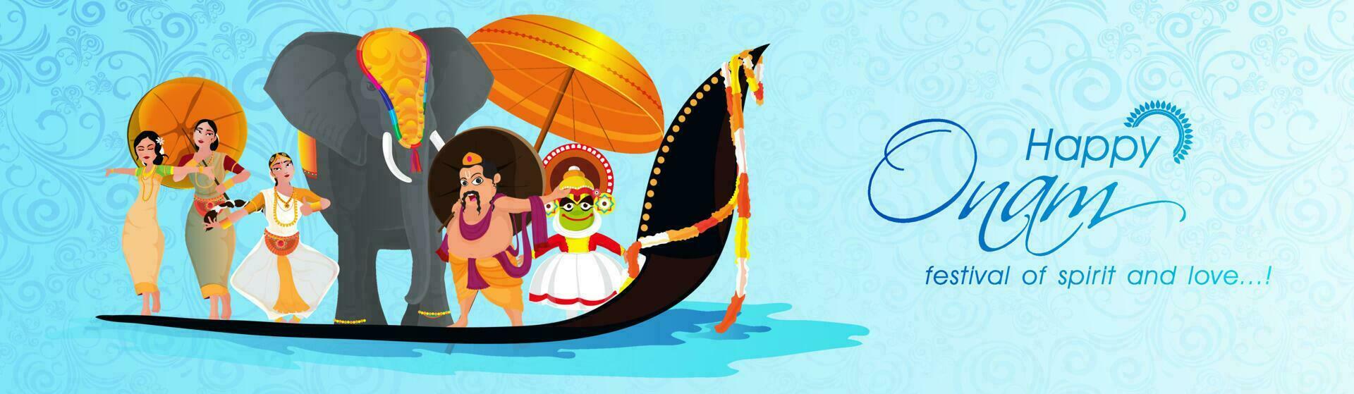 Happy Onam banner design with illustration of  King Mahabali, Kathakali dancer, Classical dancer, Elephant and Snake Boat Racing showing culture of Kerala. vector