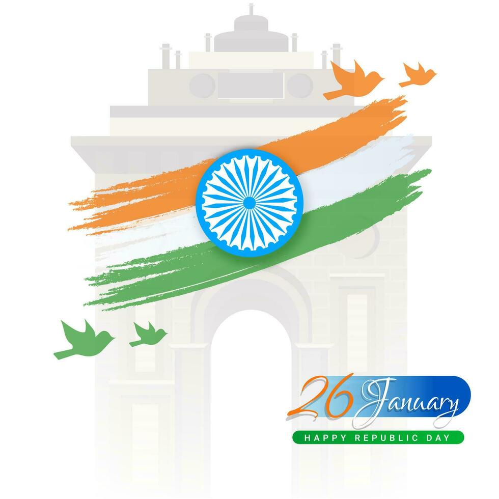 Illustration of Ashoka Wheel with tricolor brush stroke, flying pigeon and India Gate monument on white background for 26 January, Happy Republic Day celebration. vector