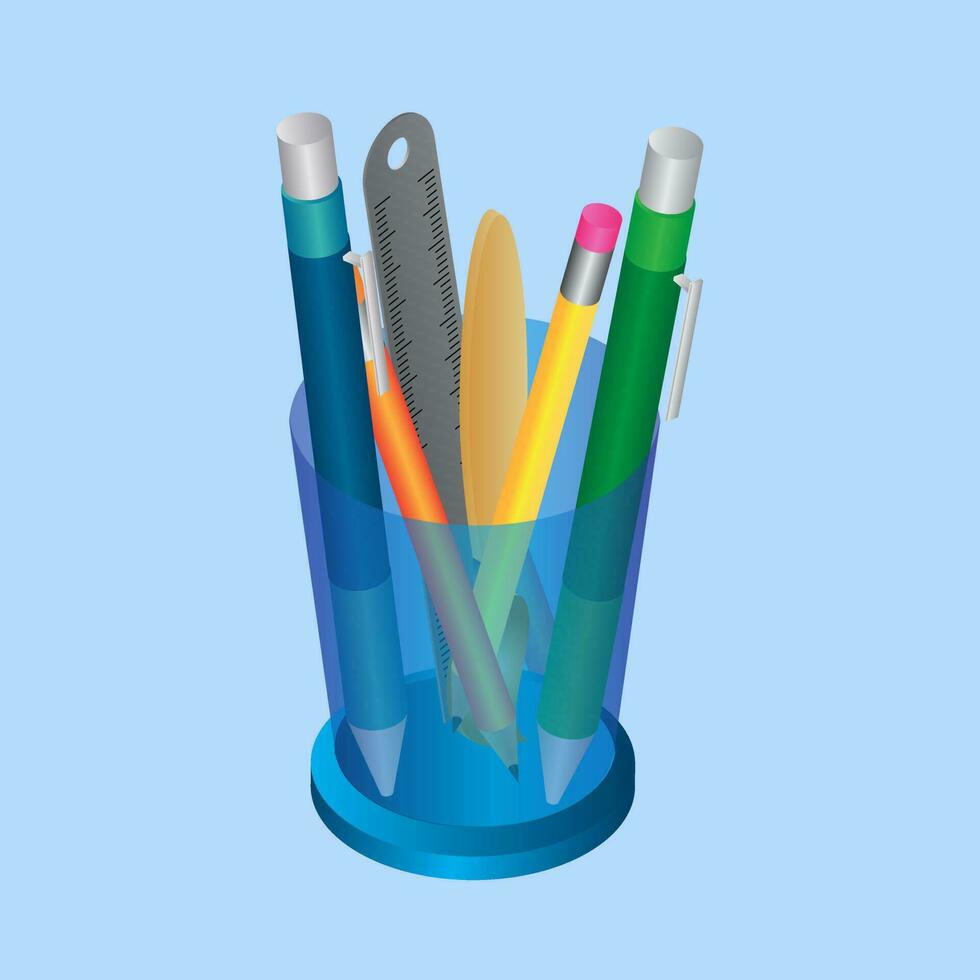 Isometric illustration of pen with pencil, ruler scale and drawing brush in pen holder. vector