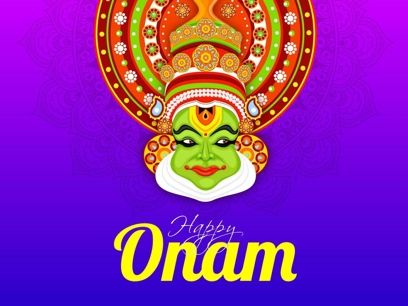 ilustración de Kathakali bailarín cara en púrpura floral antecedentes para contento onam celebracion saludo tarjeta diseño. vector