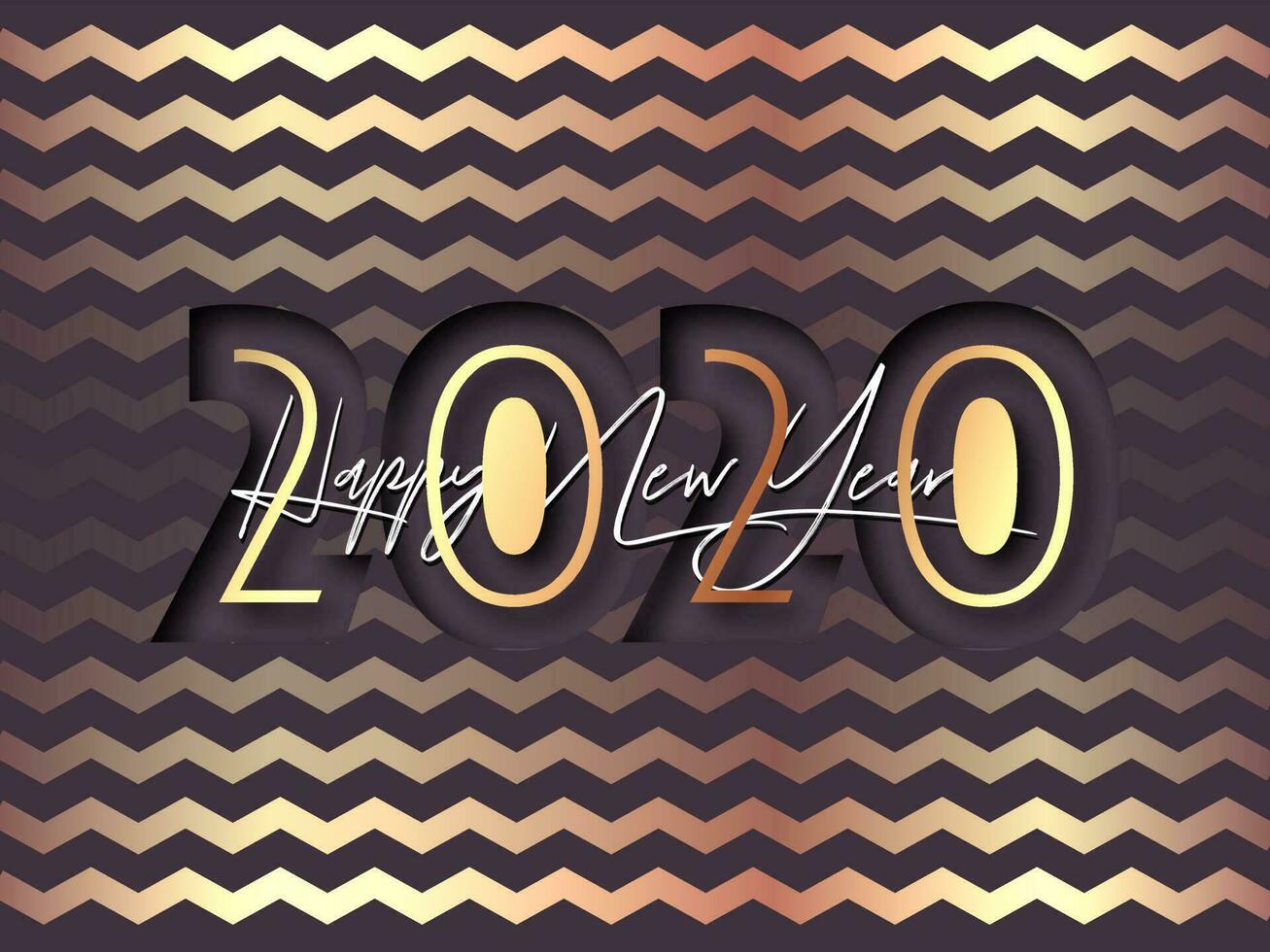 Paper Cut Style 2020 Text on Golden and Purple Wavy Striped Background for Happy New Year Celebration. vector