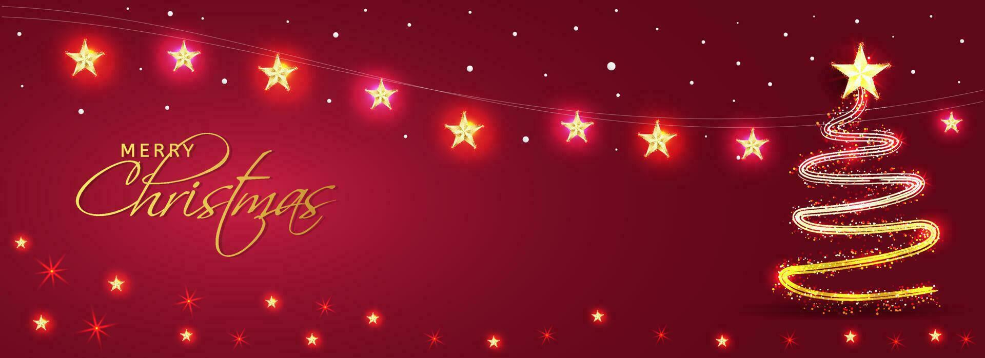 Red header or banner design decorated with golden stars and creative xmas tree made by glitter lighting effect for Merry Christmas celebration. vector