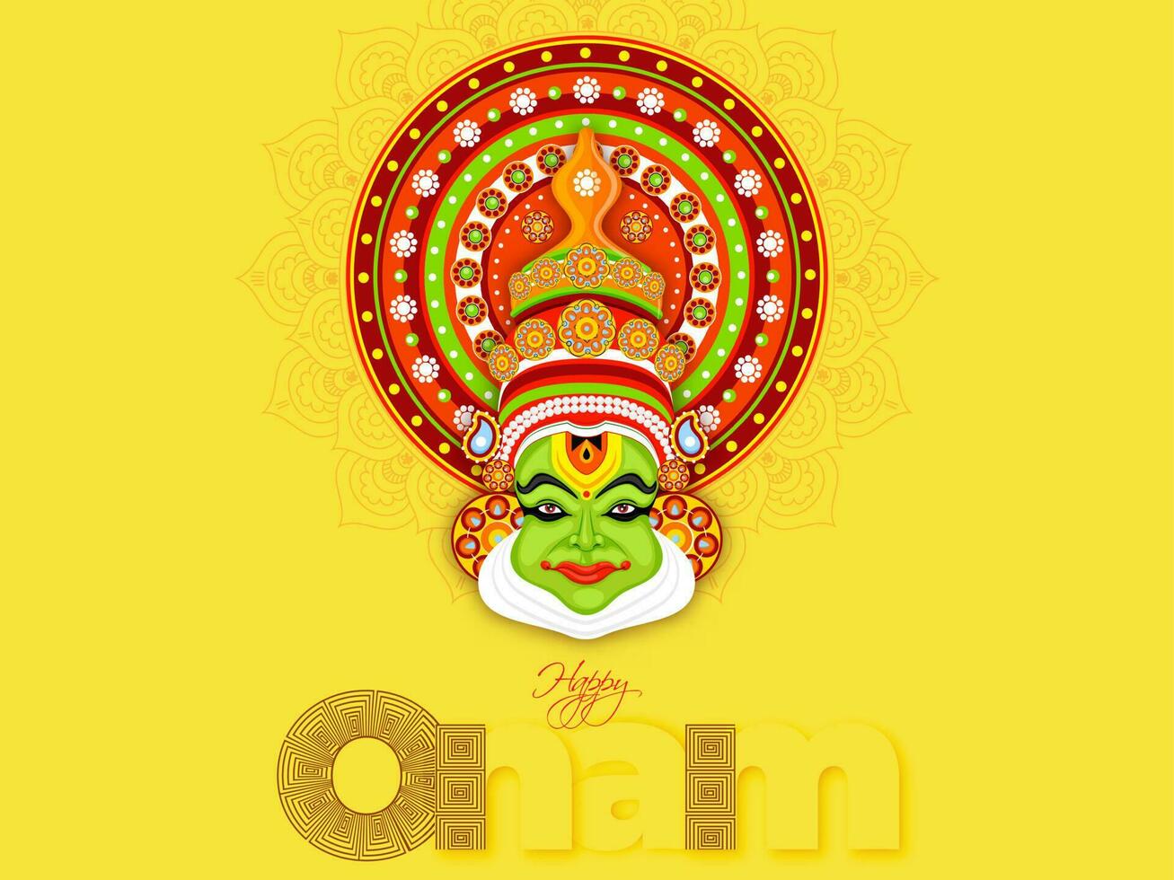 Stylish text Happy Onam and illustration of Kathakali Dancer face on yellow background for Festival celebration concept. Can be used as banner or poster design. vector