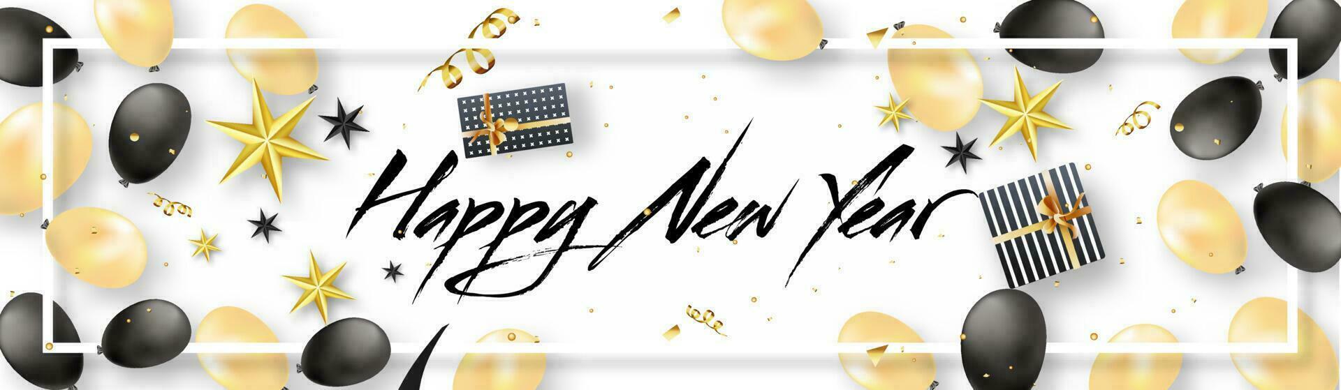 Happy New Year header or banner design decorated with balloons, stars and gift boxes. vector