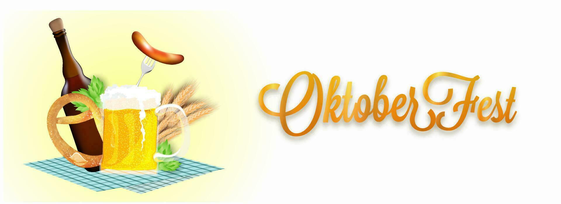 Website header or banner design with beer mug, bottle, sausage, fork, pretzel, hops, wheat grain on napkin for Oktoberfest celebration concept. vector